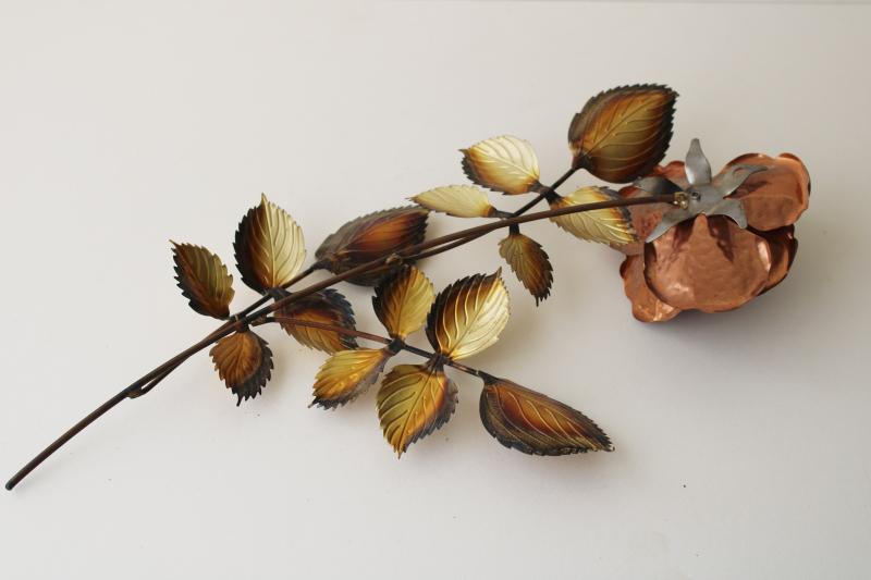 photo of vintage copper & brass wall hanging, large rose w/ leaves, hand wrought metal art  #4