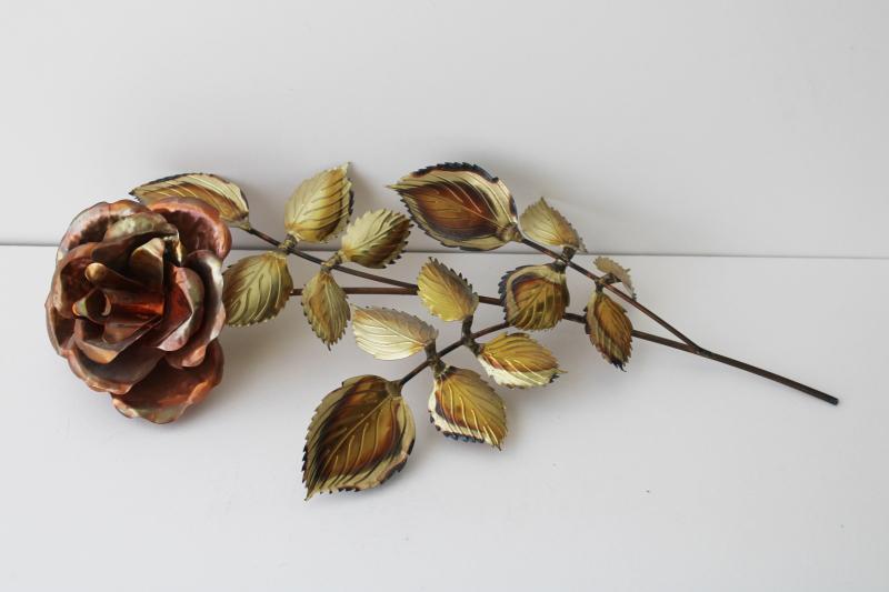 photo of vintage copper & brass wall hanging, large rose w/ leaves, hand wrought metal art  #7
