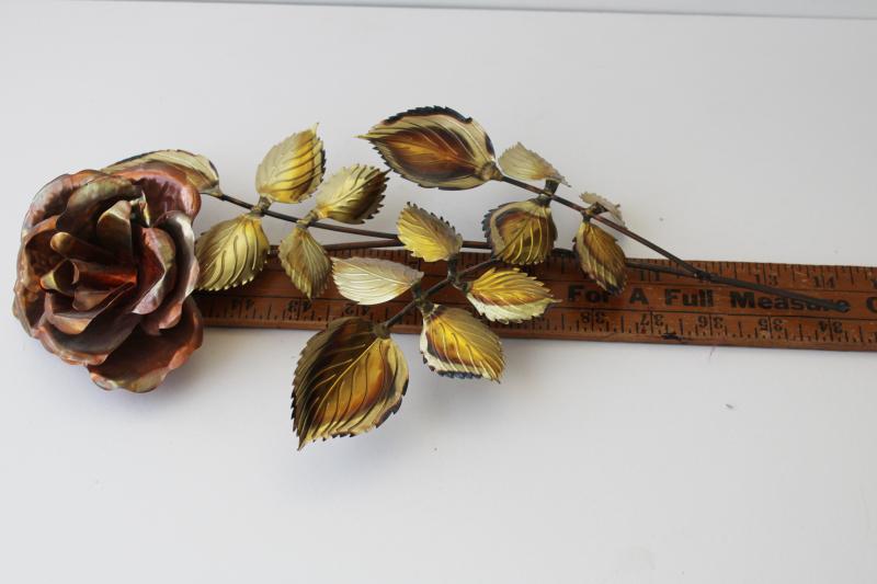 photo of vintage copper & brass wall hanging, large rose w/ leaves, hand wrought metal art  #8