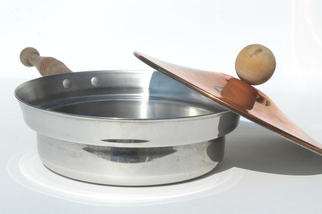 photo of vintage copper chafing dish, large pan w/ burner warmer, buffet server or fondue pot  #2