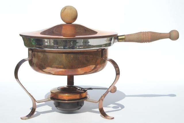 photo of vintage copper chafing dish, large pan w/ burner warmer, buffet server or fondue pot  #7