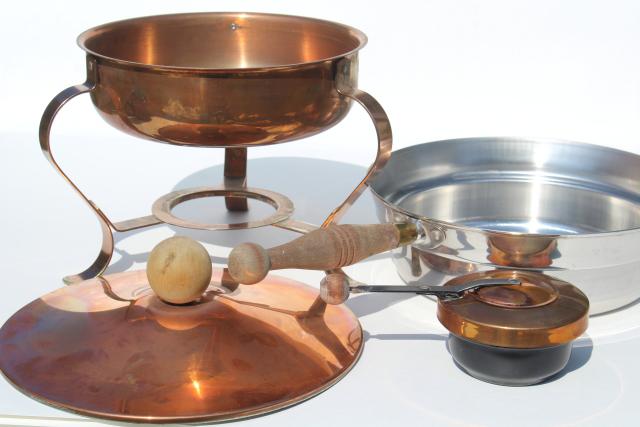 photo of vintage copper chafing dish, large pan w/ burner warmer, buffet server or fondue pot  #10