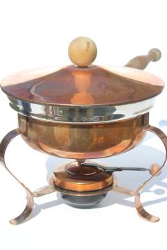 catalog photo of vintage copper chafing dish, large pan w/ burner warmer, buffet server or fondue pot 