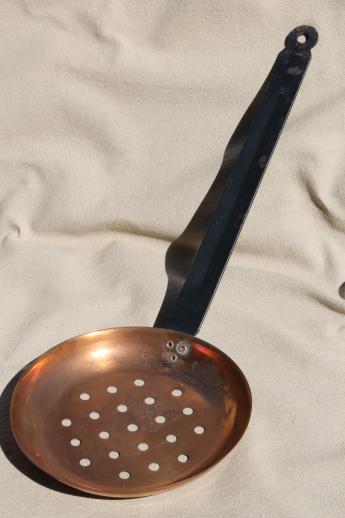 photo of vintage copper dipper & skimmer, old copper kitchen utensils w/ iron handles #2