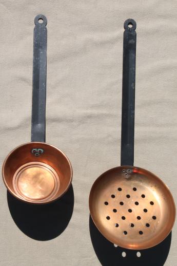 photo of vintage copper dipper & skimmer, old copper kitchen utensils w/ iron handles #6