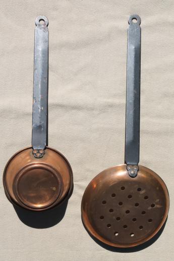 photo of vintage copper dipper & skimmer, old copper kitchen utensils w/ iron handles #7