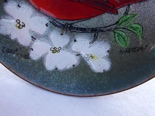 photo of vintage copper enamel hand-painted plate, M Ratcliff red cardinal bird #2