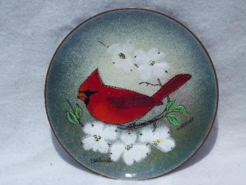 catalog photo of vintage copper enamel hand-painted plate, M Ratcliff red cardinal bird