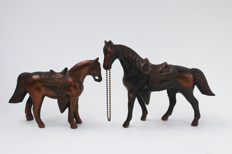 photo of vintage copper finish cast metal trophy horses, rustic western horse & pony figures #1