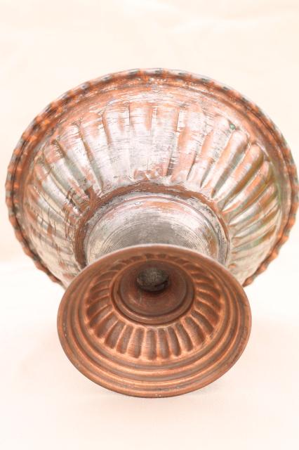 photo of vintage copper flower bowl, rustic silver wash pedestal centerpiece for fall harvest decor #8