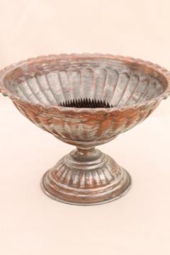 catalog photo of vintage copper flower bowl, rustic silver wash pedestal centerpiece for fall harvest decor