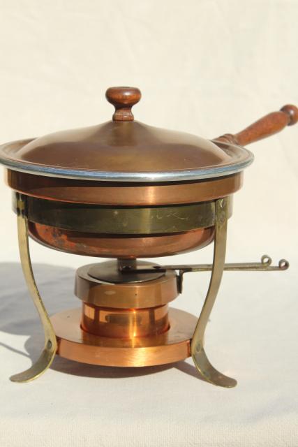 photo of vintage copper fondue pot or chafing dish w/ stand & warmer sterno burner #1