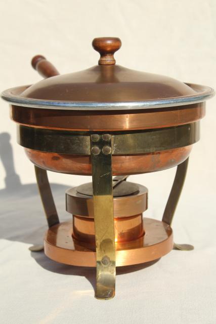 photo of vintage copper fondue pot or chafing dish w/ stand & warmer sterno burner #7