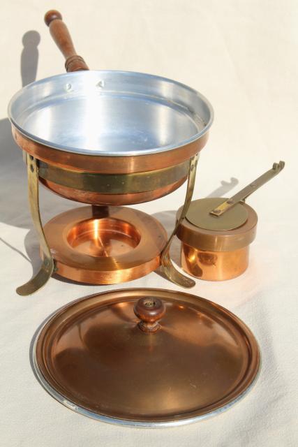 photo of vintage copper fondue pot or chafing dish w/ stand & warmer sterno burner #8