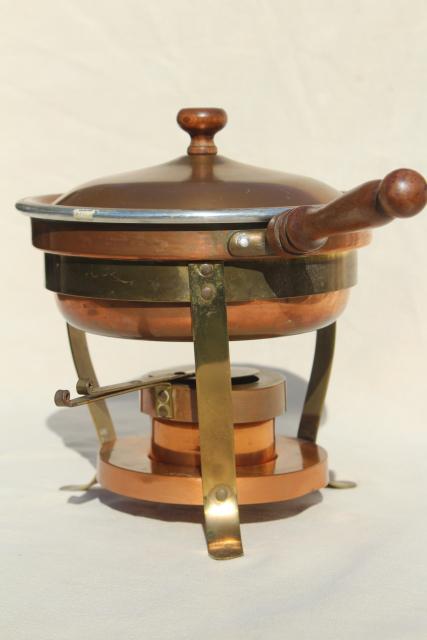 photo of vintage copper fondue pot or chafing dish w/ stand & warmer sterno burner #9