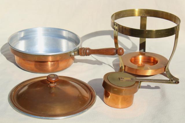 photo of vintage copper fondue pot or chafing dish w/ stand & warmer sterno burner #10