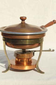 catalog photo of vintage copper fondue pot or chafing dish w/ stand & warmer sterno burner