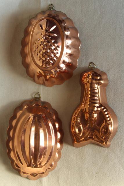 photo of vintage copper food molds, jello or aspic mold set decorative farmhouse kitchen wall art #1