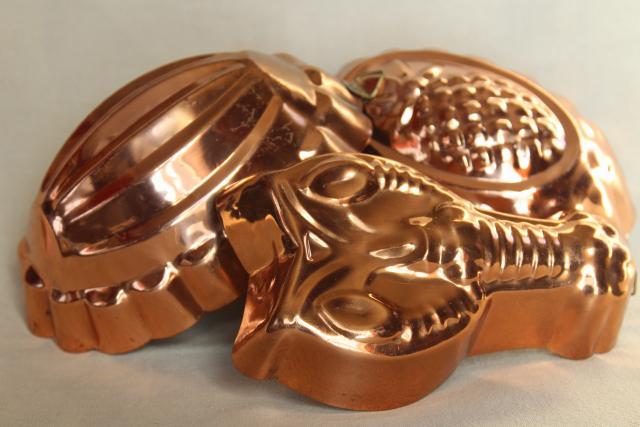 photo of vintage copper food molds, jello or aspic mold set decorative farmhouse kitchen wall art #4