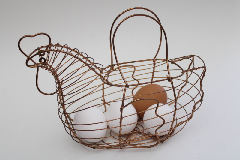 photo of vintage copper hen egg basket, farmhouse kitchen chicken shaped wire work basket #1