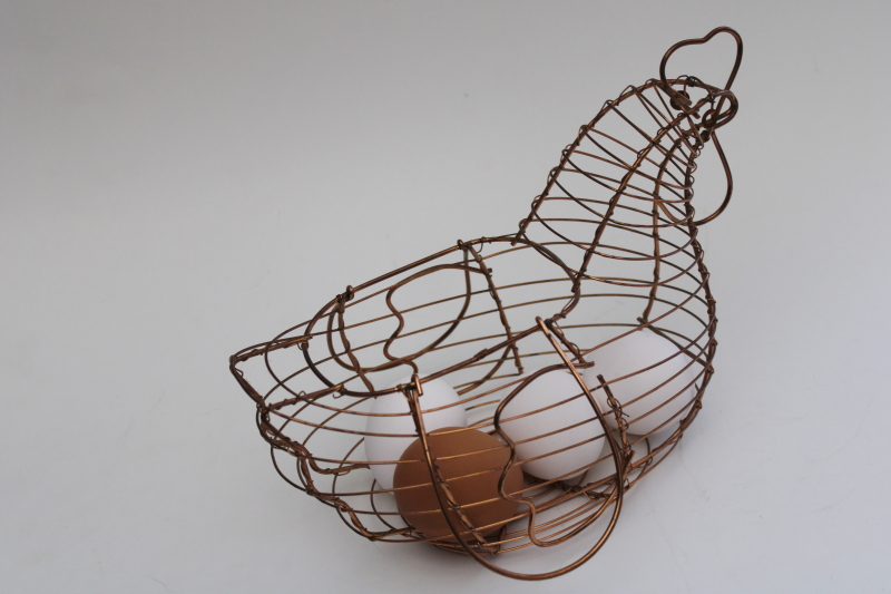 photo of vintage copper hen egg basket, farmhouse kitchen chicken shaped wire work basket #3