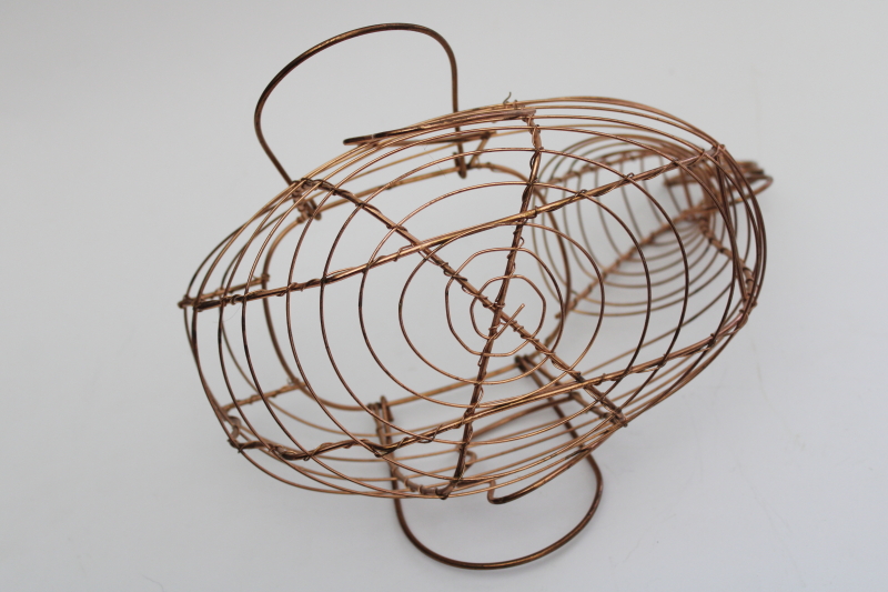 photo of vintage copper hen egg basket, farmhouse kitchen chicken shaped wire work basket #5