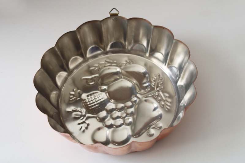 photo of vintage copper jello mold, fruit pattern fluted round pan w/ brass hanger #3