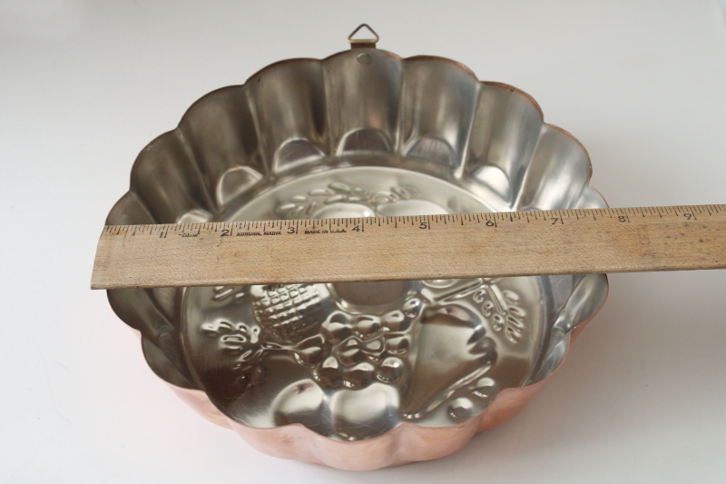 photo of vintage copper jello mold, fruit pattern fluted round pan w/ brass hanger #4