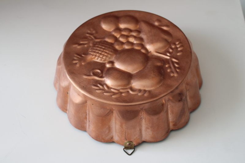 photo of vintage copper jello mold, fruit pattern fluted round pan w/ brass hanger #5