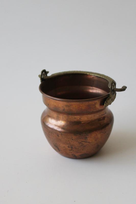 photo of vintage copper kettle pot w/ brass handle, doll size pail or tiny planter #1