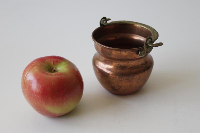 photo of vintage copper kettle pot w/ brass handle, doll size pail or tiny planter #5