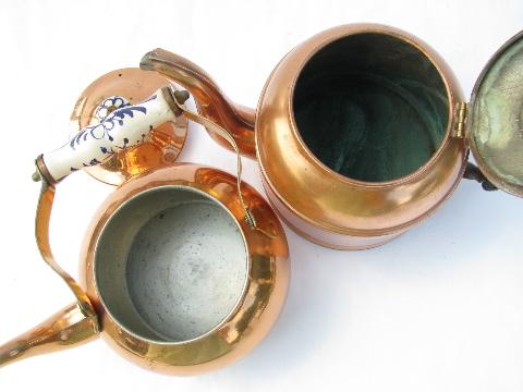 photo of vintage copper kitchen tea kettles, teapot lot of two #4