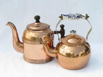 catalog photo of vintage copper kitchen tea kettles, teapot lot of two