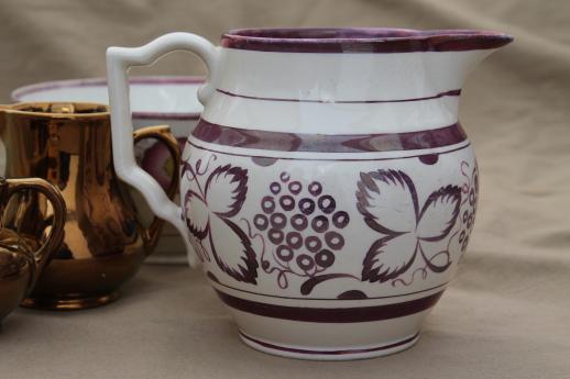 photo of vintage copper luster china creamers, antique pink copper luster bowl & pitcher #8