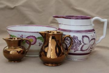 catalog photo of vintage copper luster china creamers, antique pink copper luster bowl & pitcher