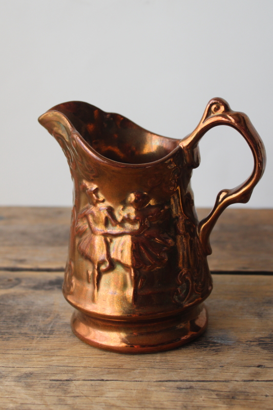 photo of vintage copper lustre pitcher, milk jug or creamer, Wade England redware pottery #1