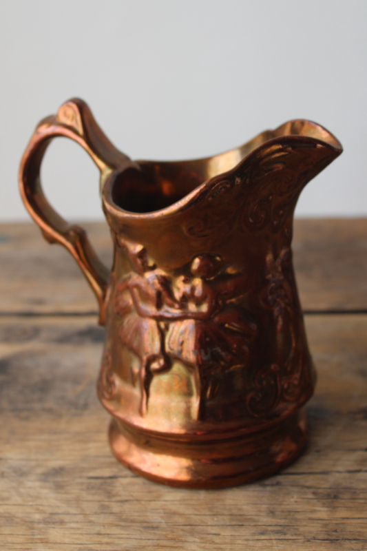 photo of vintage copper lustre pitcher, milk jug or creamer, Wade England redware pottery #2