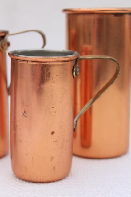 photo of vintage copper measuring cups, set graduated measures or bar jiggers 1/4 to 1 cup size #3