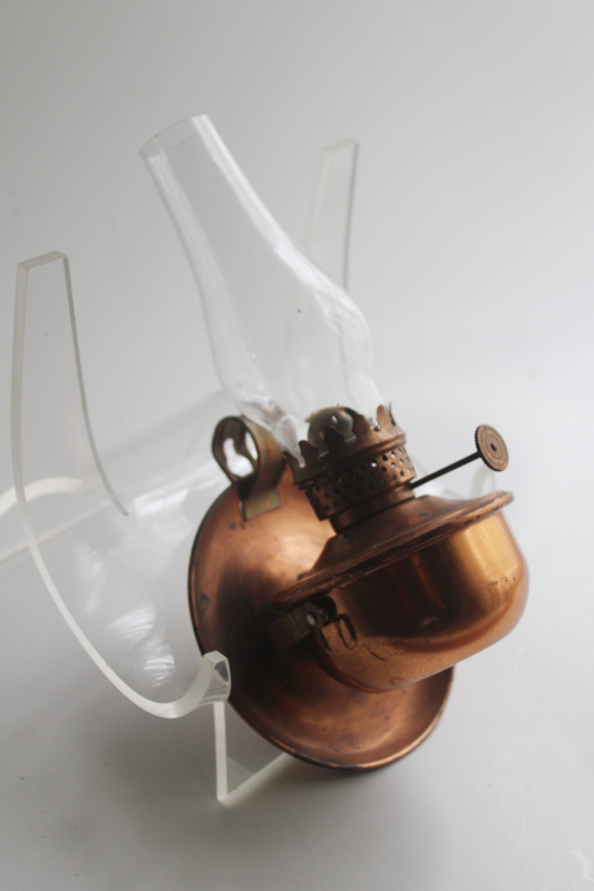 photo of vintage copper mini oil lamp w/ glass hurricane chimney, tilt lamp sconce light  #2