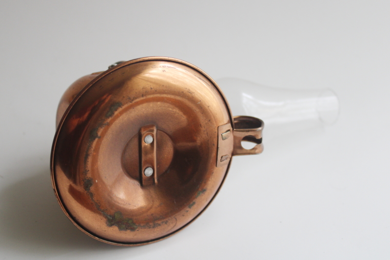 photo of vintage copper mini oil lamp w/ glass hurricane chimney, tilt lamp sconce light  #3