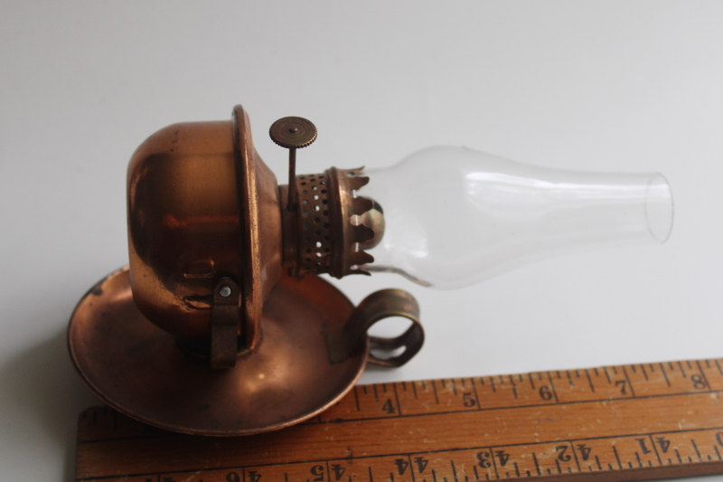 photo of vintage copper mini oil lamp w/ glass hurricane chimney, tilt lamp sconce light  #4