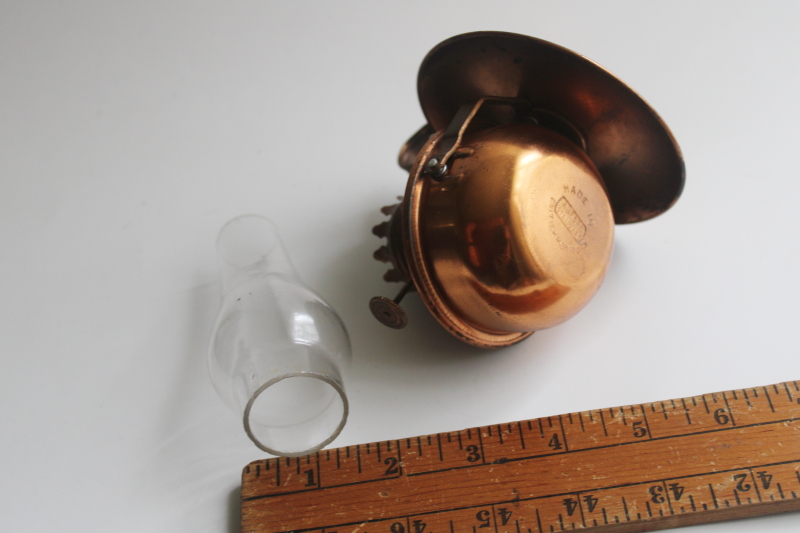 photo of vintage copper mini oil lamp w/ glass hurricane chimney, tilt lamp sconce light  #5