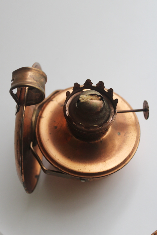 photo of vintage copper mini oil lamp w/ glass hurricane chimney, tilt lamp sconce light  #7