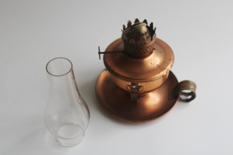 photo of vintage copper mini oil lamp w/ glass hurricane chimney, tilt lamp sconce light  #8