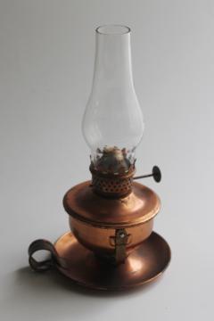 catalog photo of vintage copper mini oil lamp w/ glass hurricane chimney, tilt lamp sconce light 