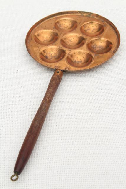 photo of vintage copper mold, aebleskiver dumpling pan w/ long wood handle #1