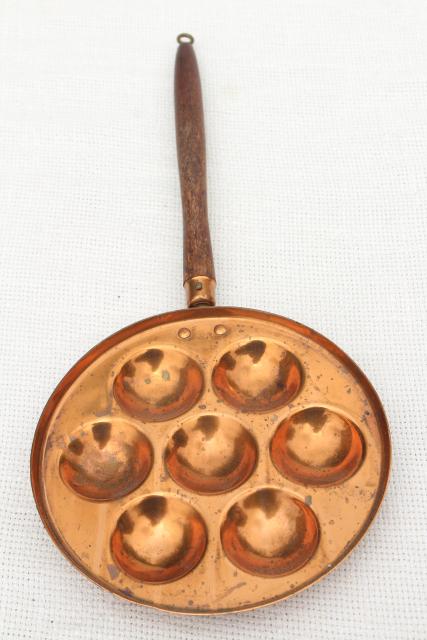 photo of vintage copper mold, aebleskiver dumpling pan w/ long wood handle #2