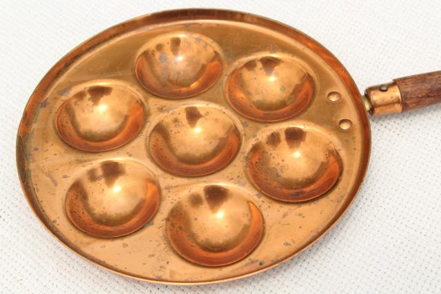 photo of vintage copper mold, aebleskiver dumpling pan w/ long wood handle #3