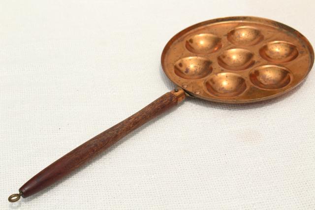 photo of vintage copper mold, aebleskiver dumpling pan w/ long wood handle #5