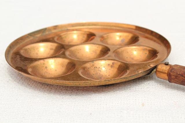 photo of vintage copper mold, aebleskiver dumpling pan w/ long wood handle #6